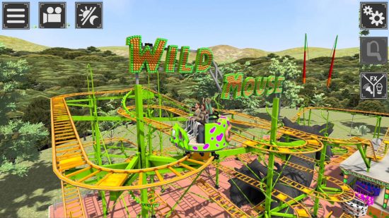 Screenshot of a Wild Mouse ride in Theme Park Simulator for theme park games guide