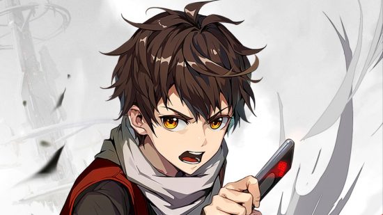 Tower of God New World tier list showing a character with scruffy brown hair holding a weapon in his hand and wearing a scarf.