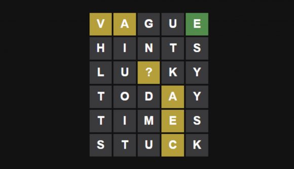 Wordle today hint answer July 4: A black background with a six row Wordle grid on it, reading VAGUE, HINTS, LU?KY, TODAY, TIMES, STUCK.