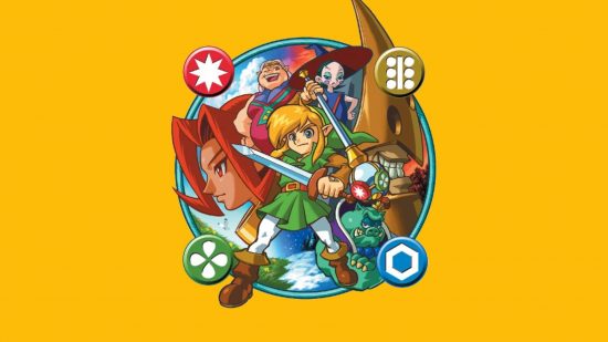 The Legend of Zelda Oracle of Ages and Seasons header showing art from the latter game superimposed onto a mango yellow background. The art is a spherical icon with Link, a blonde boy with a sword wearing a green tunic and cap, white tights and brown boots, standing in the middle with not-to-scale faces and bodies of other characters collaged around him.