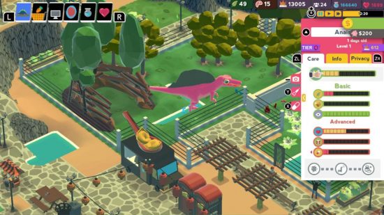 zoo games Parkasaurus: a pink dinosaur in a forest enclosure