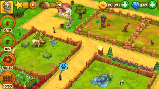 Two screenshots of zoo games Zoo 2 Animal Park showing enclosures of animals