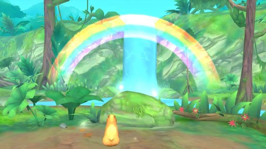 Flutter Away header: capybara sitting under a rainbow and a waterfall