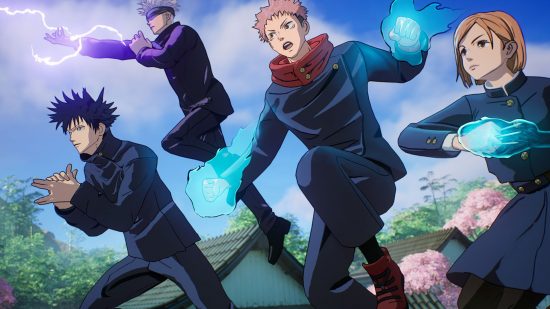 Fortnite Jujutsu Kaiden key art showing four characters drawn in a luxurious anime style. on the left is a boy with black hair, with another floating in the air behind with white hair. The main focus is a man in the middle with blonde hair, a red scarf, blue outfit, and ball of blue light in his left hand. To the farthest right is a woman with the same style except a blonde bob.