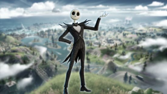Fortnite skins: Jack Skellington as he appears in the game, on a greyed out background
