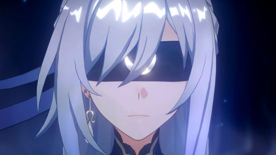 A close up of Honkai Star Rail Jingliu's face with her blindfold