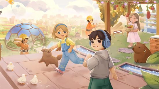 Loftia kickstarter: characters in a peaceful world with a dog and chickens