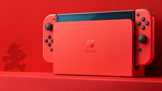 The Mario OLED Switch against a red background