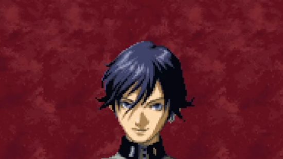 Megami Ibunroku Persona: Ikuu no Tou Hen release date header showing a character with wavy black hair looking stern on a patterned red background, all old-fashioned pixel art.