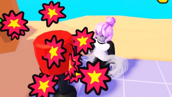 Power Slap Simulator codes: a character using a punch bag in Roblox
