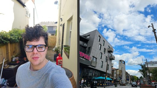 Samsung Galaxy S23 Ultra review photo examples showing a man with big glasses and a grey shirt and short brown hair on the left, and a city street with a big blue and clouded sky on the right.