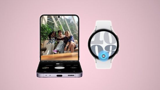 Samsung One UI update header showing a flip phone and watch on a pink background. On the left, the flip phone is at a right angle, one part flat on the floor, the other upright, next to a watch with the time and a white band.