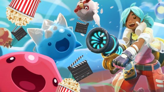 Slime Rancher movie: slimes surrounded by popcorn and movie clapboards