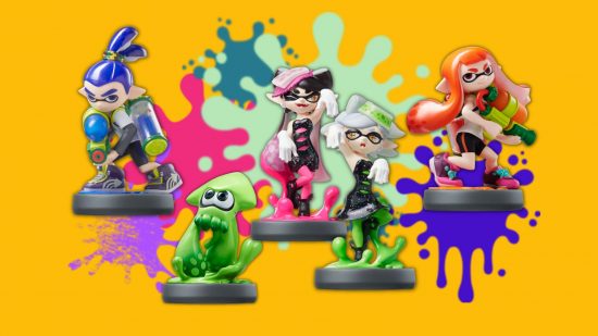 The first wave of Splatoon Amiibo against a yellow background