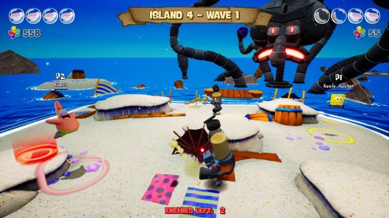 Spongebob games Battle for Bikini Bottom rehydrated: a fight scene on a beach near the sea