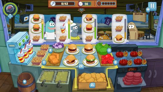 Spongebob games Krusty Cook Off: customers lining up with orders in front of a food station
