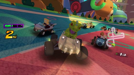 Gry Spongebob Nickelodeon Kart Racers: postacie z kreskówek w samochodach wyścigowych na jasnym torze