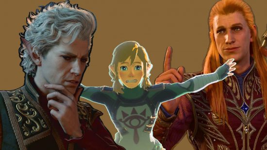 Zelda: Tears of the Kingdom game of the year header showing Link, a blonde boy in a tight dark top with arms outstretched looking scared. On his left is a man from Baldur's Gate 3 looking pensive, hand on chin, blonde hair. On the right is a ginger man with one finger raised, looking buoyant.