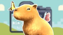 Aim and Snap: The capybara from Flutter Away with a butterfly on its nose and another on its back, outlined in white and pasted on a blurred version of the Aim and Snap key visual showing a camera in pixel art style on a blue sky with rolling green hills below.