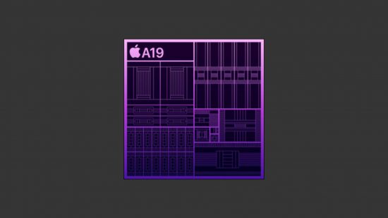 Apple A19 Bionic header showing a purple diagram of a system on a chip, with A19 in the top right corner, on a black background.