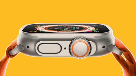 Apple Watch X header showing an Apple Watch on a mango yellow background. It has an orange strap and silver body, with two buttons on the side showing with the screen barely visible at an angle.