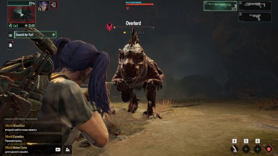 Ashfall preview: a screenshot of gameplay showing a player aiming a gun at a fire lizard overlord