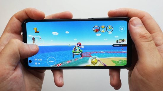ASUS Zenfone 10 review: The ASUS Zenfone 10 is visible with Mario Kart Tour being played on the screen