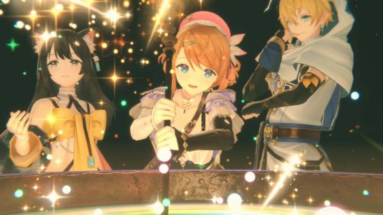 Atelier Resleriana release date: three characters stand around a cauldron, using alchemy and magic