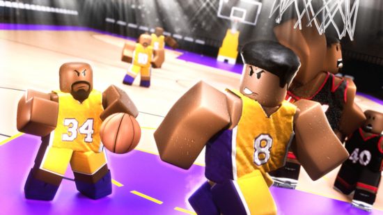 Baksetball Legends codes key art showwing players on the court in Lakers kit