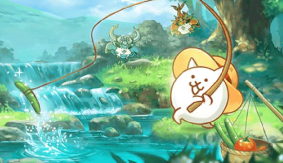 Battle Cats tier list: A summer days fishing Battle Cat reeling in a fish by a beautiful pond, with samurai cats in the background