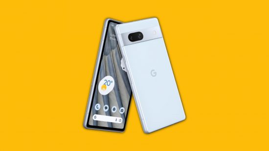 best T-mobile phones: a blue Google Pixel 7a on a yellow background