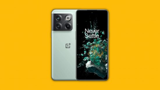 best T-mobile phones: a green Oneplus Nord 10T on a yellow background