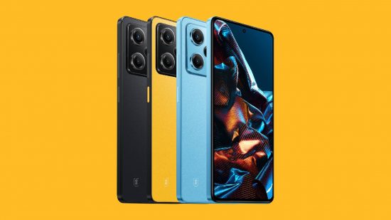 Best budget gaming phones: the Poco X5 pro 5G is shown against a yellow background