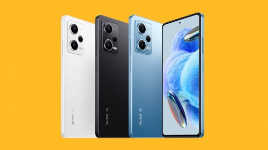 Best budget gaming phones: The Xiaomi Redmi Note 12 Pro is shown against a yellow background, with a white, black, and blue colorway visible