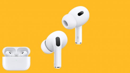 The best earbuds for iPhone: The Apple Airpods Pro Gen 2 appear against a yellow background