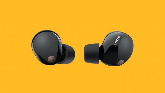 The best earbuds for iPhone: The Sony WF-1000XM5 headphones appear against a yellow background