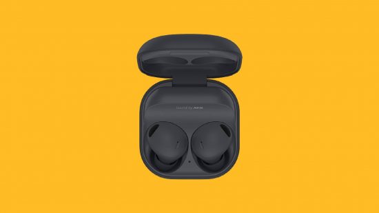The best earbuds for iPhone:The Samsung Galaxy Buds 2 Pro earbuds appear against a yellow background