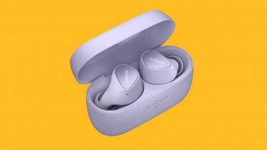 The best earbuds for iPhone: the Jabra Elite 3 earbuds are visible against a yellow background