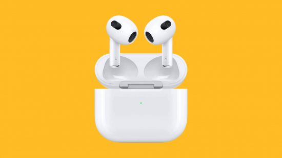 The best earbuds for iPhone: the Apple Airpods Gen 3 earbuds are pictured against a yellow background