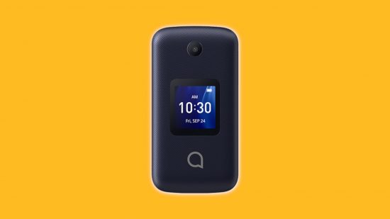 Najlepsze telefony z klapką - telefon Alcatel z klapką na żółtym tle