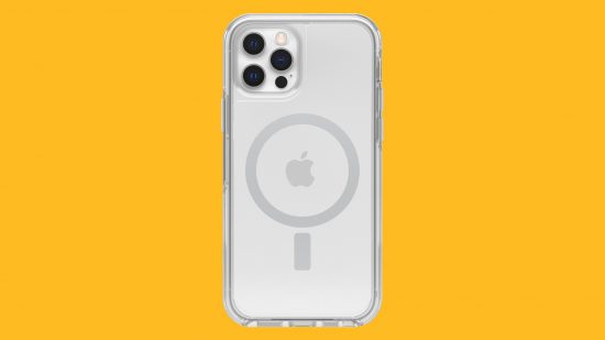 Najlepsze etui na iPhone'a: ​​biały iPhone 12 w etui OtterBox Symmetry Series+ Clear naklejonym na tło mango
