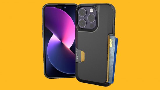 Najlepsze etui na iPhone'a: ​​dwa telefony z czarnym Smartish Wallet Slayer Vol 1 naklejonym na tło mango