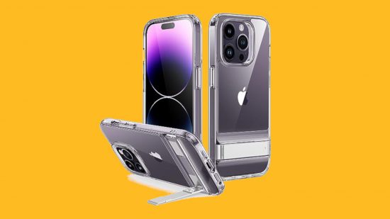 Najlepsze etui na iPhone'a: ​​Trzy kąty metalowej obudowy ESR z podstawką w kolorze przezroczystym na fioletowym iPhonie, naklejone na tło mango
