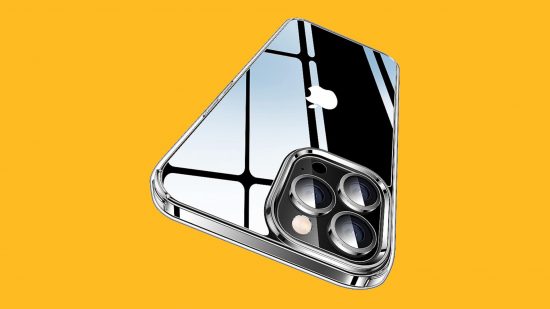 Najlepsze etui na iPhone'a: ​​Czarny iPhone z etui Casekoo Crystal Clear, naklejonym na tło mango