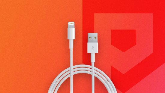 Best iPhone charging cable header showing a white cable with loops at the bottom and the ends sticking up above in the middle all on a red background.