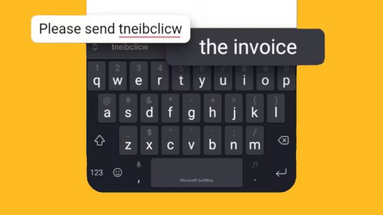 Best iPhone keyboard: A graphic showing off the Swiftkey keyboard and its superior autocorrect function, decoding a random string of letters into 'the invoice' based on context. This is pasted on a mango background