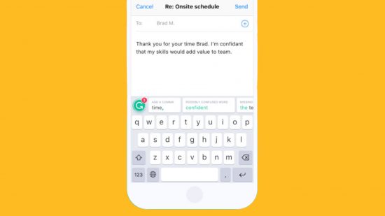 Best iPhone keyboard: A graphic of a white iPhone with someone typing an email using the Grammarly keyboard as it offers suggestions. This is pasted on a mango background