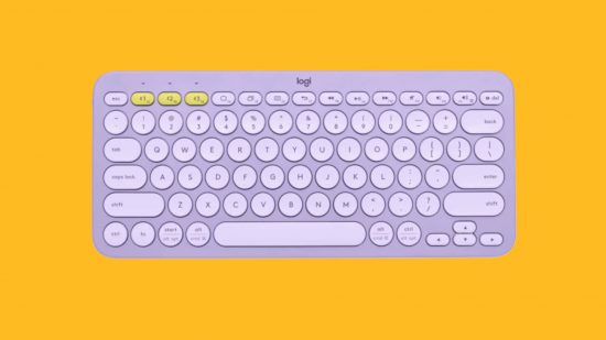The best iPhone keyboard: A labender Logitech K380 Multi-Device Bluetooth Keyboard pasted on a mango background