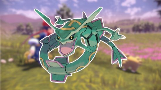 Best Pokemon Games: Rayquaza outlined in white and pasted on a blurred screenshot from Pokemon Legends: Arceus