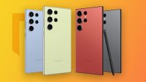 Four of the best stylus phones against an orange and yellow background